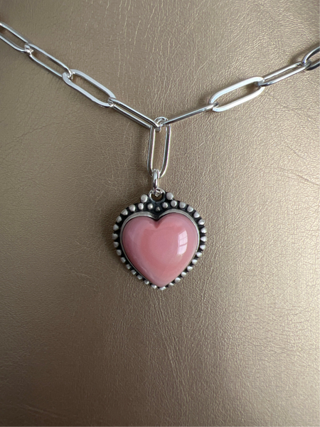 Pink Conch Heart Paperclip Sterling Silver Necklace